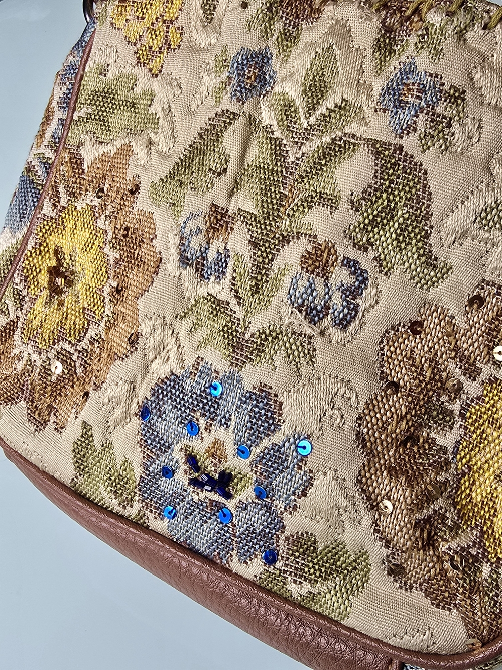 Vintage Liz Claiborne Floral Tapestry Sequin Beaded Whipstitch Shoulder Bag - Picture 4 of 9